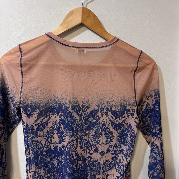 ARITZIA WILFRED Nude Beige Blue Sheer Printed Mesh Long Sleeve Top Medium - Picture 5 of 8